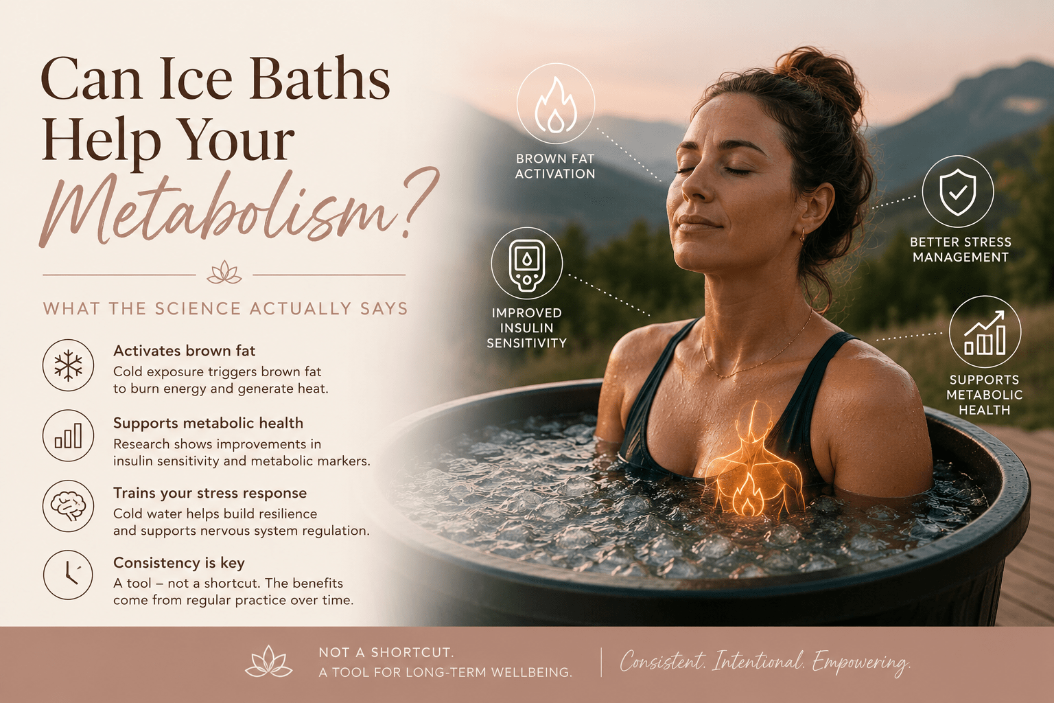 Woman using an ice bath as part of a balanced cold exposure wellness routine